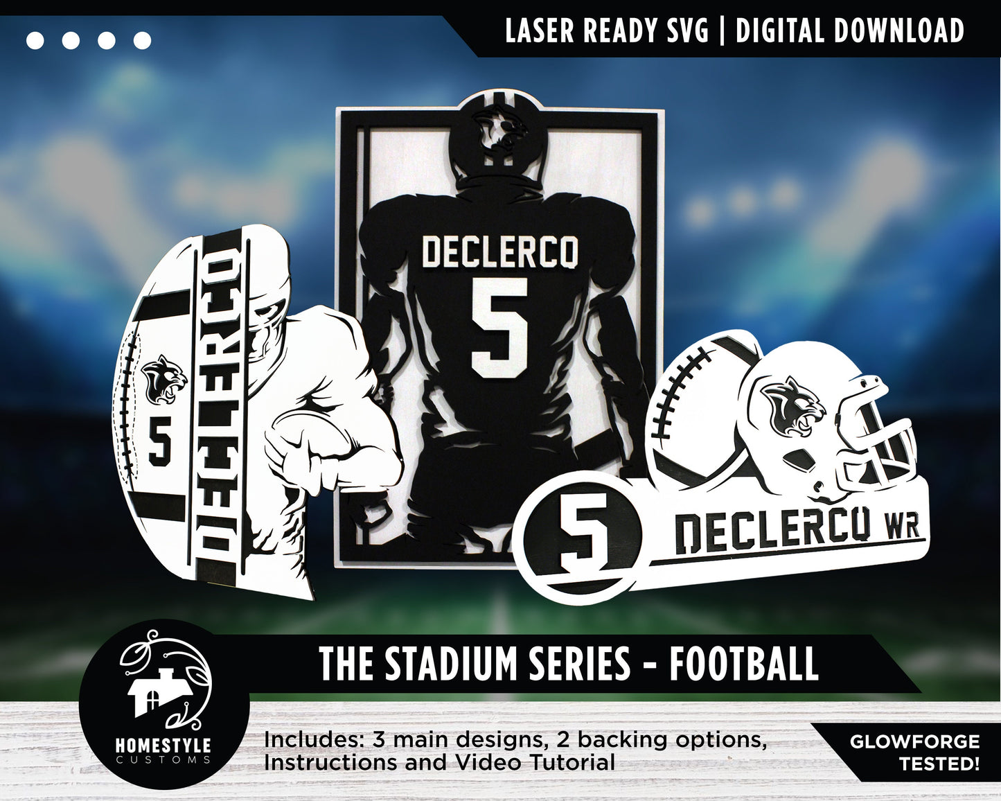 Stadium Series Football Signage - 3 Designs Included and two backing options - SVG File Download - Sized for Glowforge