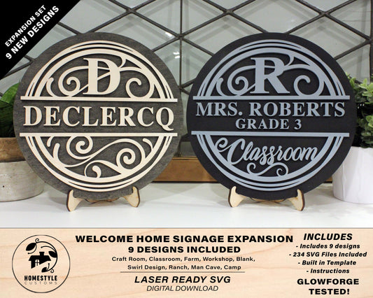 Personalized Home Signage Expansion Set - 9 Designs Included - 234 files - Built in Template - SVG File Download - Sized for Glowforge
