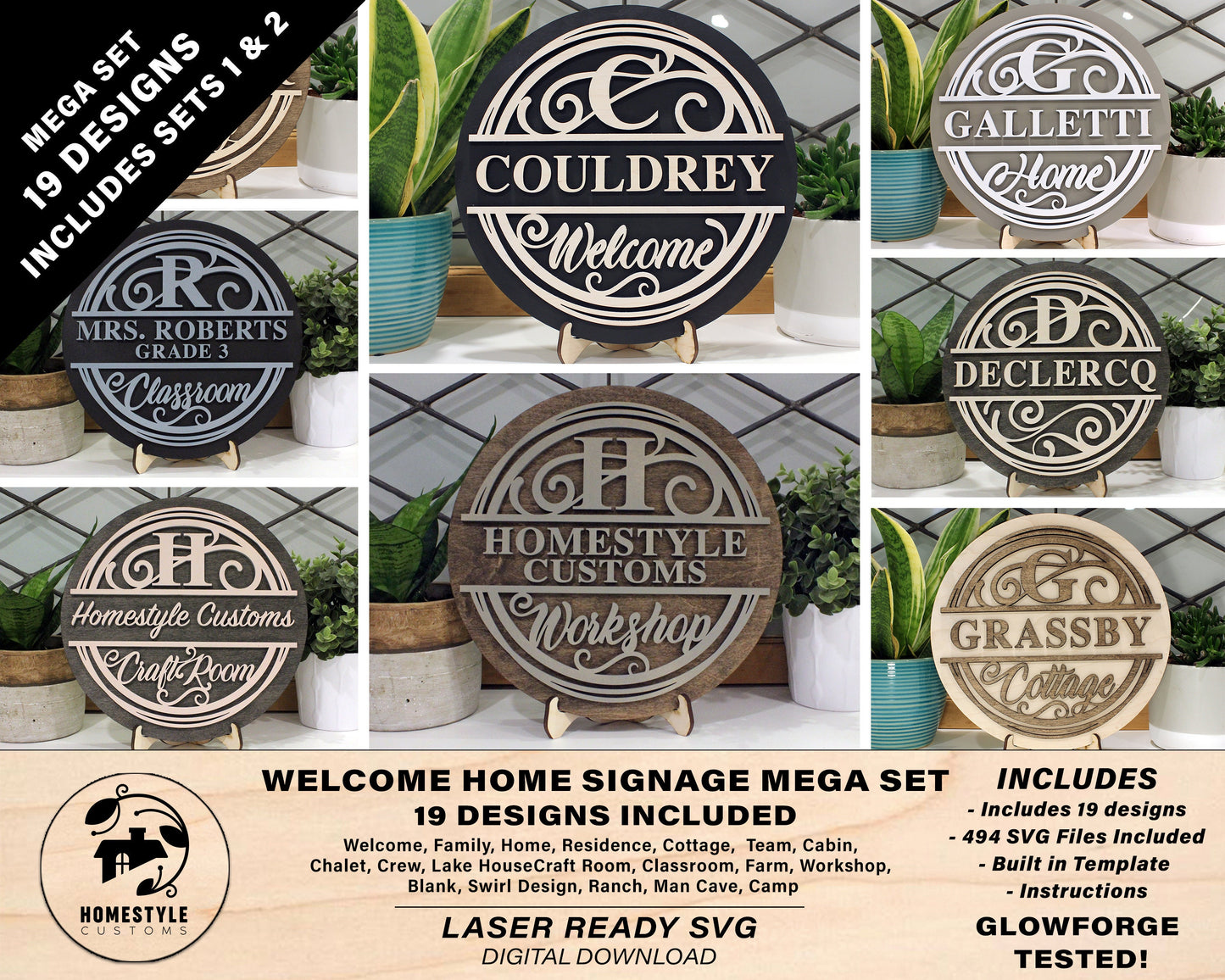 Personalized Home Signage Mega Set - 19 Designs Included - 494 files - Built in Template - SVG File Download - Sized for Glowforge
