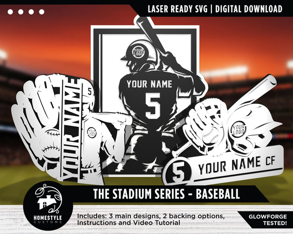 Stadium Series Baseball Signage - 3 Designs Included and two backing options - SVG File Download - Sized for Glowforge