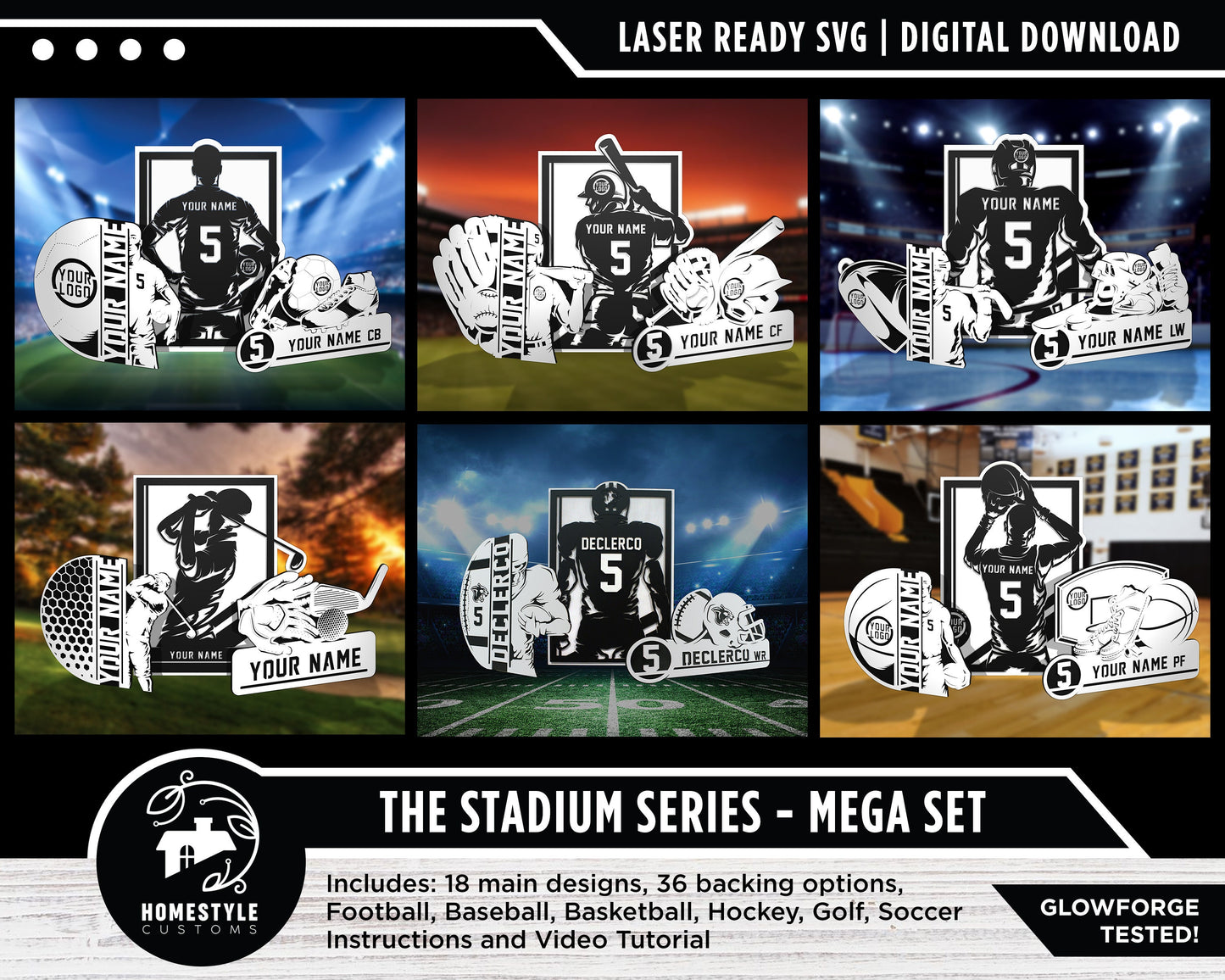Stadium Series Sports Signage Mega Pack - 18 Designs, 3 of Each Sport - SVG File Download - Sized for Glowforge