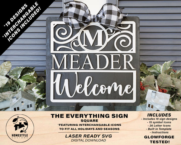 The Everything Sign Square - 19 Designs, 15 Icon Symbols, 26 Icon Letters - Interchangeable - Built in Template - SVG Download