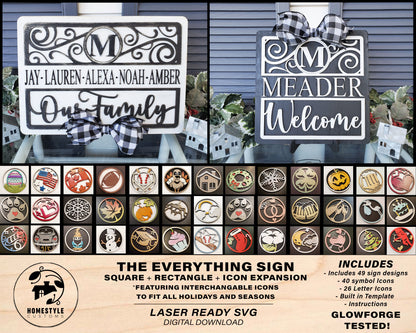 The Everything Sign Bundle - 50 Designs, 40 Icon Symbols, 26 Icon Letters - Interchangeable - Built in Template - SVG Download