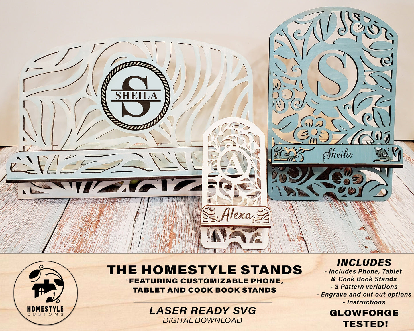 The Homestyle Stands - Phone, Tablet & Cook Book Stands- 500+ Files included - SVG File Download - Sized for Glowforge