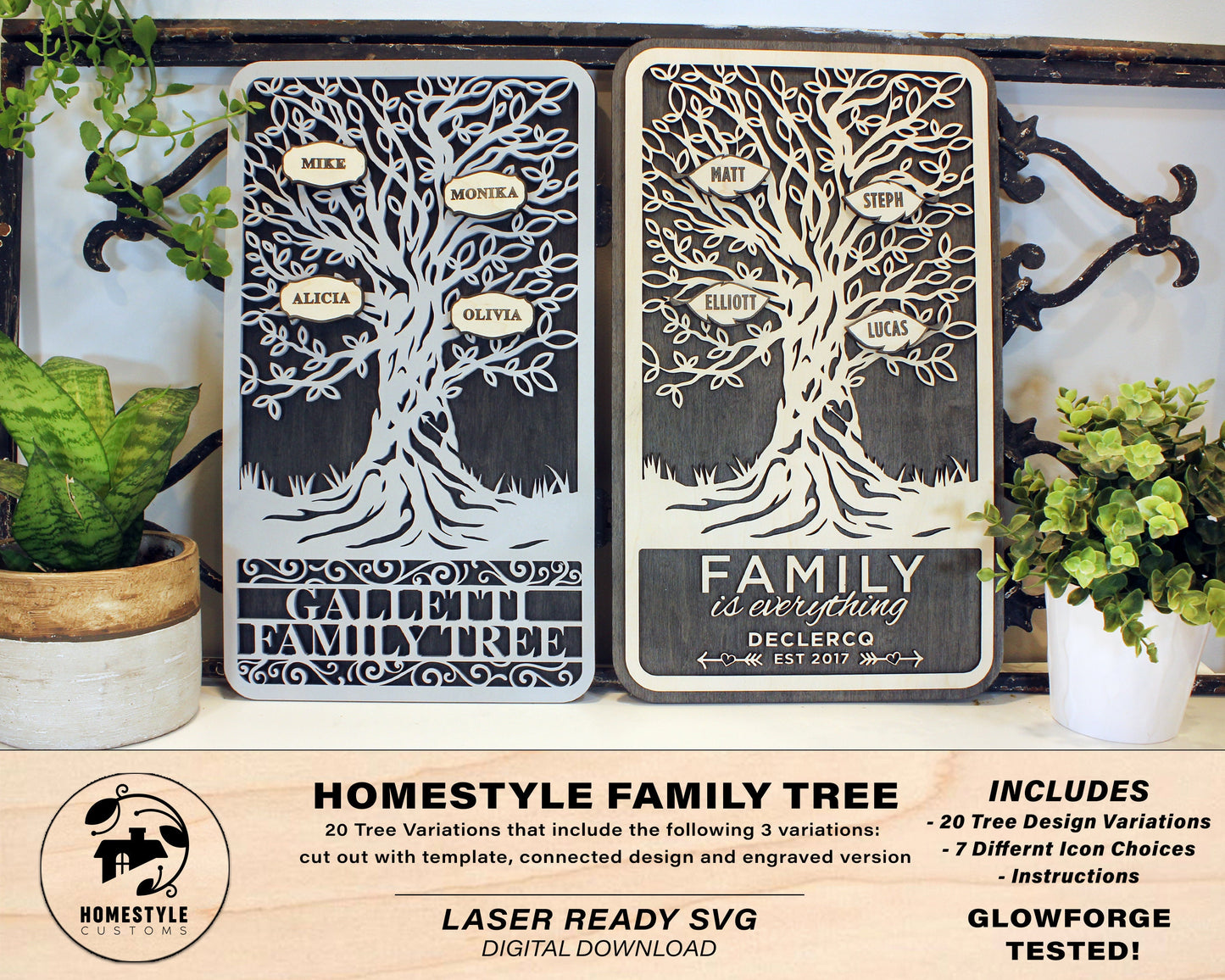 The Homestyle Customizable Family Tree - 3 Versions & 12 total Designs Included - SVG File Download - Sized for Glowforge