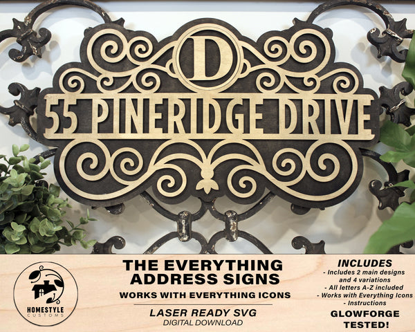 The Everything Address Signs - 2 Designs, 4 Variations, 26 Letters included for each - Built in Template - SVG Download