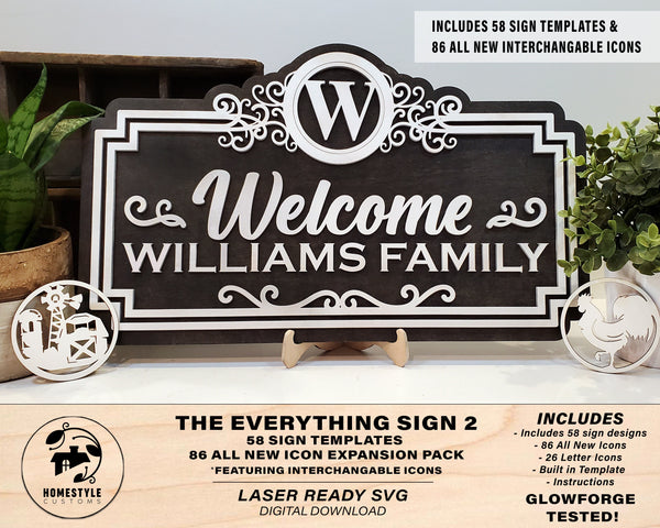 The Everything Sign 2 Bundle - 57 Designs, 86 Icon Symbols, 26 Icon Letters - Interchangeable - Built in Template - SVG Download