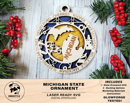 Michigan State Ornament - SVG File Download - Sized for Glowforge - Laser Ready Digital Files
