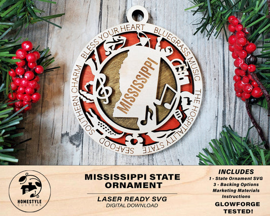 Mississippi State Ornament - SVG File Download - Sized for Glowforge - Laser Ready Digital Files