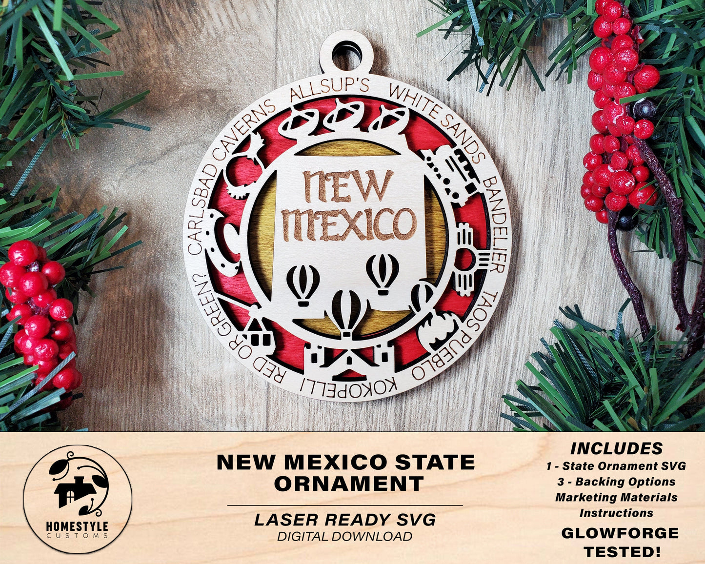 New Mexico State Ornament - SVG File Download - Sized for Glowforge - Laser Ready Digital Files