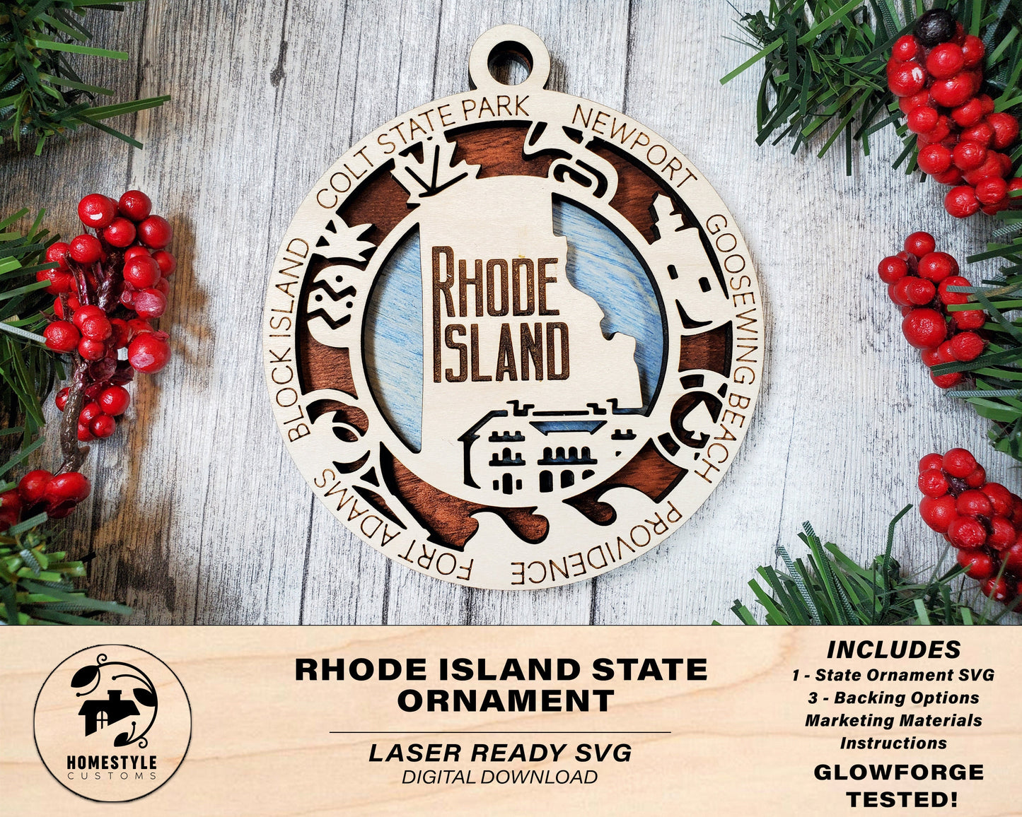 Rhode Island State Ornament - SVG File Download - Sized for Glowforge - Laser Ready Digital Files