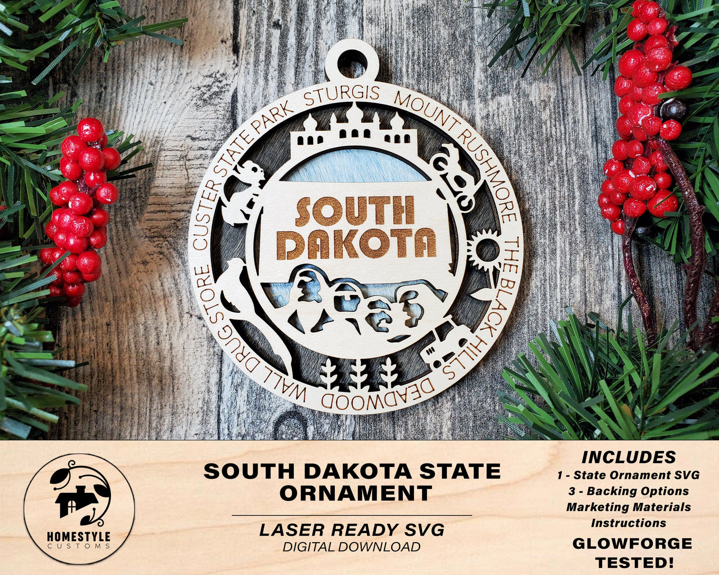 South Dakota State Ornament - SVG File Download - Sized for Glowforge - Laser Ready Digital Files