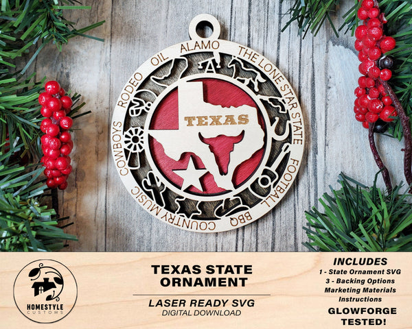 Texas State Ornament - SVG File Download - Sized for Glowforge - Laser Ready Digital Files