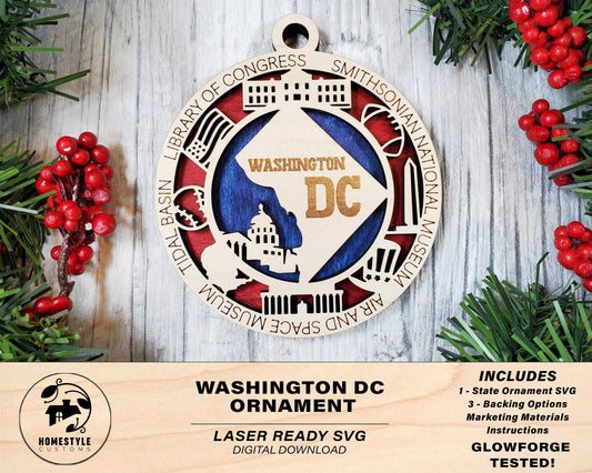 Washington DC State Ornament - SVG File Download - Sized for Glowforge - Laser Ready Digital Files
