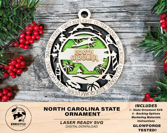 North Carolina State Ornament - SVG File Download - Sized for Glowforge - Laser Ready Digital Files
