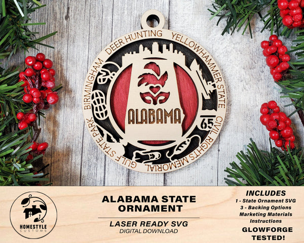 Alabama State Ornament - SVG File Download - Sized for Glowforge - Laser Ready Digital Files