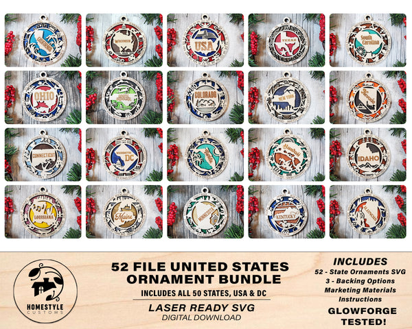 United States Ornament Bundle - 52 Unique designs for each State - SVG File Download - Sized for Glowforge