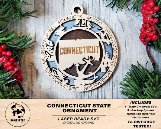 Connecticut State Ornament - SVG File Download - Sized for Glowforge - Laser Ready Digital Files