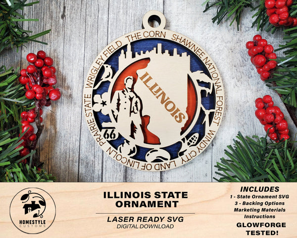 Illinois State Ornament - SVG File Download - Sized for Glowforge - Laser Ready Digital Files