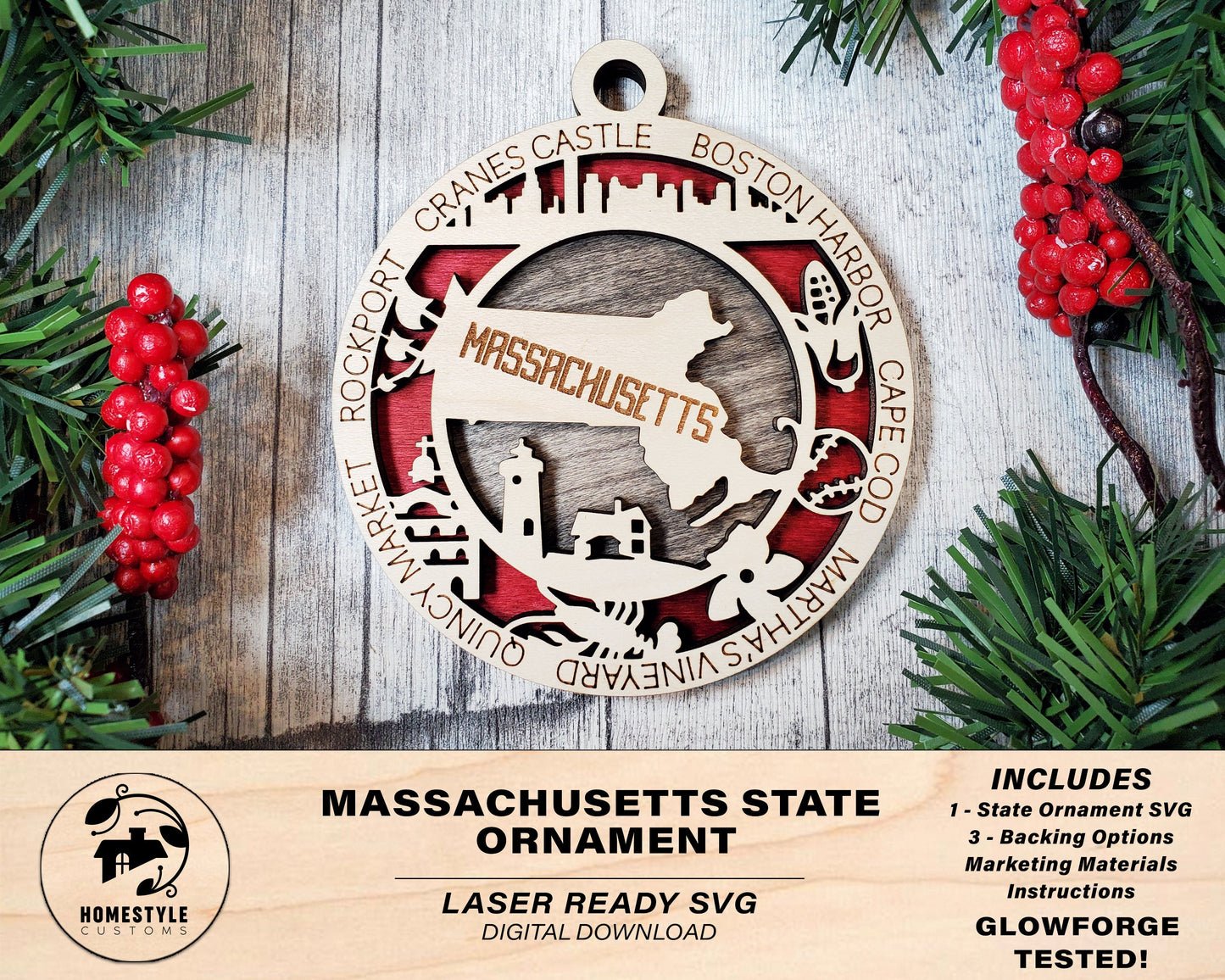 Massachusetts State Ornament - SVG File Download - Sized for Glowforge - Laser Ready Digital Files