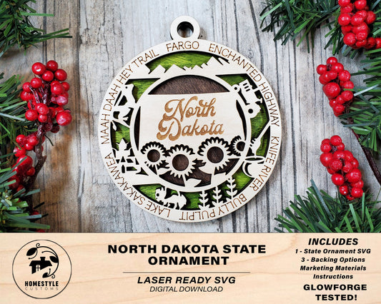 North Dakota State Ornament - SVG File Download - Sized for Glowforge - Laser Ready Digital Files