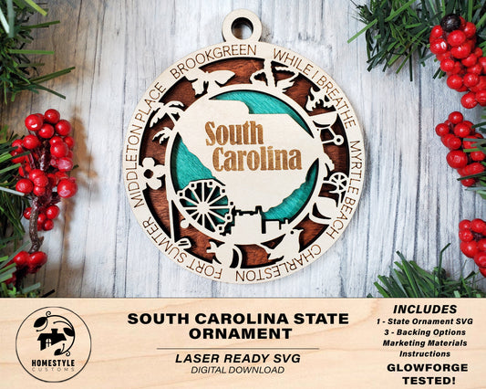 South Carolina State Ornament - SVG File Download - Sized for Glowforge - Laser Ready Digital Files