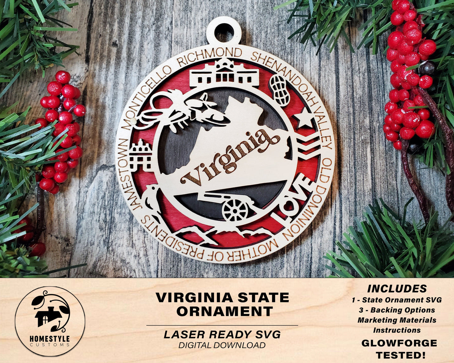 Virginia State Ornament - SVG File Download - Sized for Glowforge - Laser Ready Digital Files