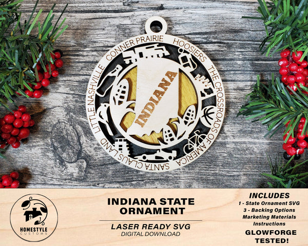 Indiana State Ornament - SVG File Download - Sized for Glowforge - Laser Ready Digital Files