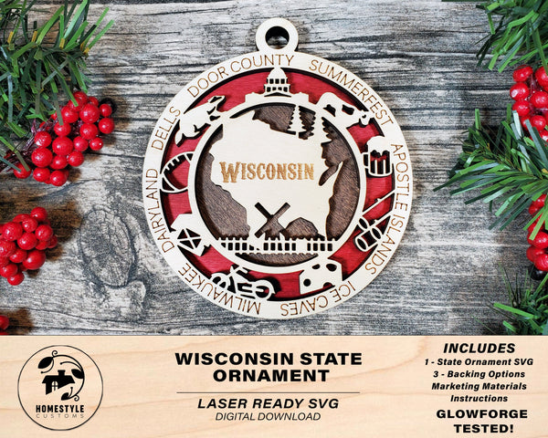 Wisconsin State Ornament - SVG File Download - Sized for Glowforge - Laser Ready Digital Files
