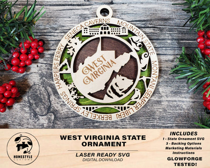 West Virginia State Ornament - SVG File Download - Sized for Glowforge - Laser Ready Digital Files