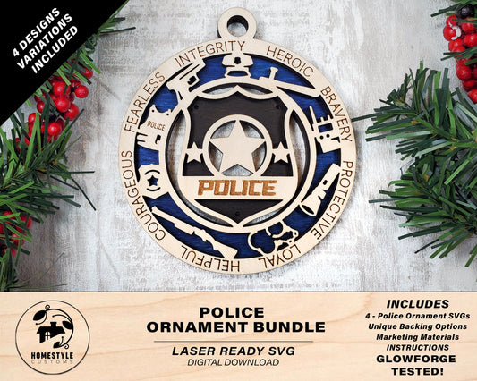 Police Ornament Bundle - 4 Unique designs - SVG, PDF, AI File Download - Sized for Glowforge