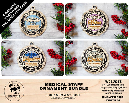 Medical Staff Ornament Bundle - 14 Unique designs - SVG, PDF, AI File Download - Sized for Glowforge