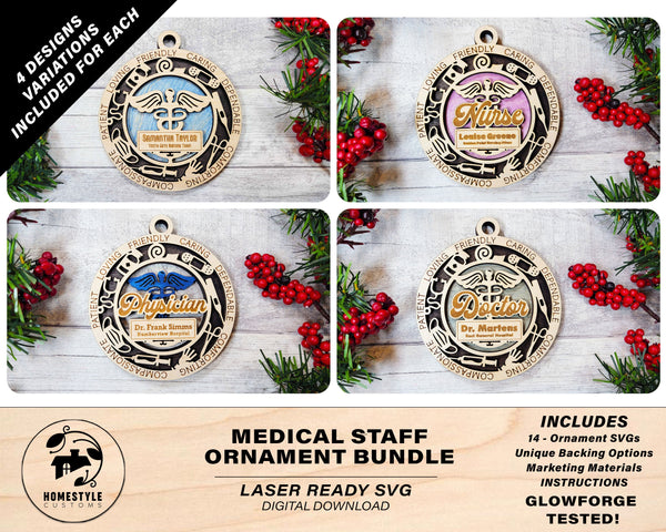 Medical Staff Ornament Bundle - 14 Unique designs - SVG, PDF, AI File Download - Sized for Glowforge