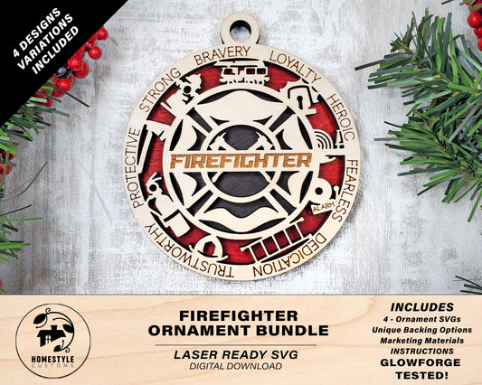 Firefighter Ornament Bundle - 4 Unique designs - SVG, PDF, AI File Download - Sized for Glowforge