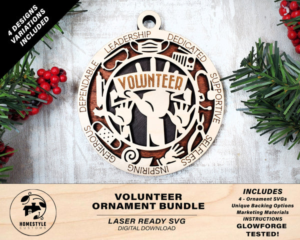 Volunteer Ornament Bundle - 4 Unique designs - SVG, PDF, AI File Download - Sized for Glowforge