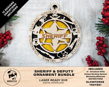Sheriff & Deputy 5, 6 Star Ornament Bundle - 12 Unique designs - SVG, PDF, AI File Download - Sized for Glowforge