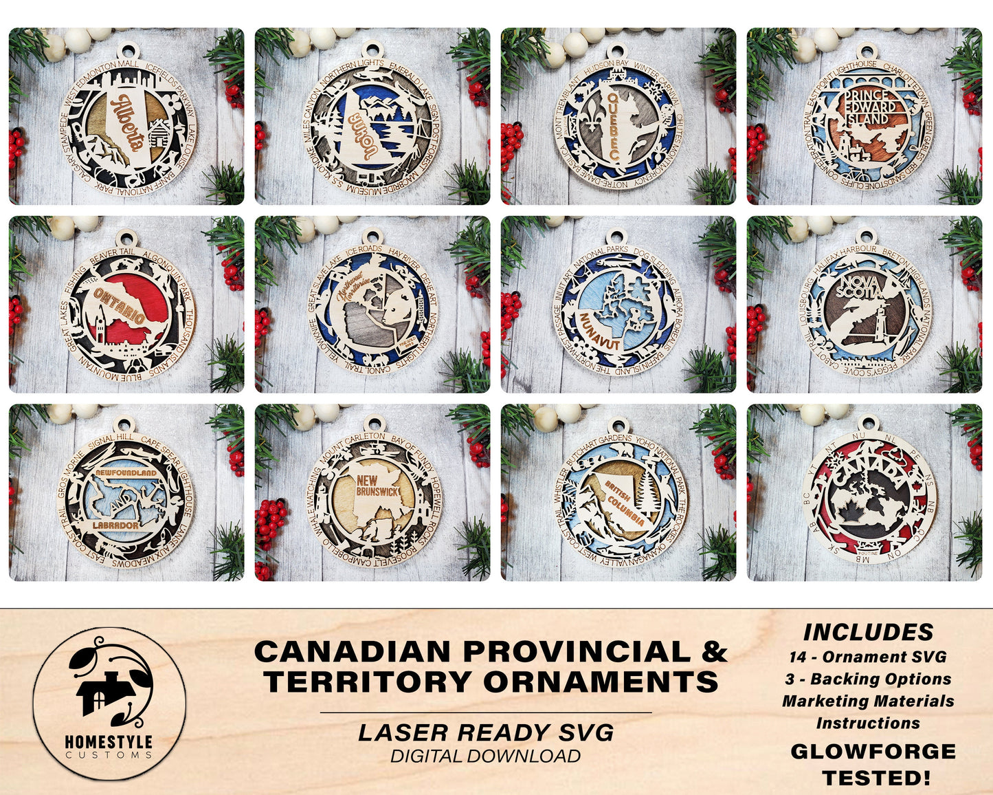 Canadian Provincial Ornament Bundle - 14 Unique designs for each province, Territory & Country - SVG File Download - Sized for Glowforge