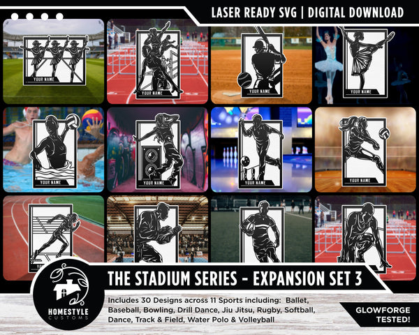 Stadium Series Sports Signage Expansion Set 3 - 30 Designs - SVG File Download - Sized for Glowforge