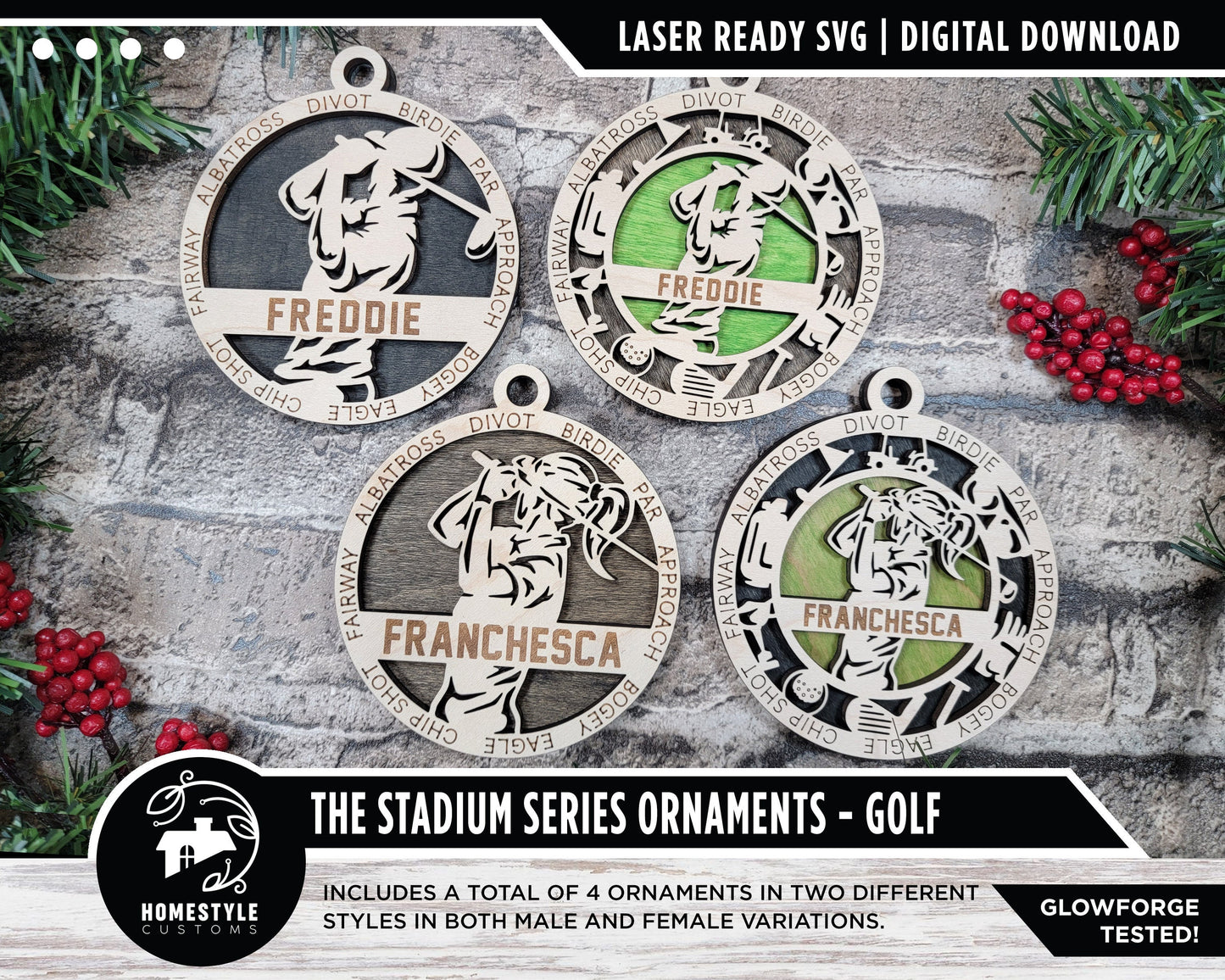Golf - Stadium Series Ornaments - 4 Unique designs - SVG, PDF, AI File Download - Sized for Glowforge