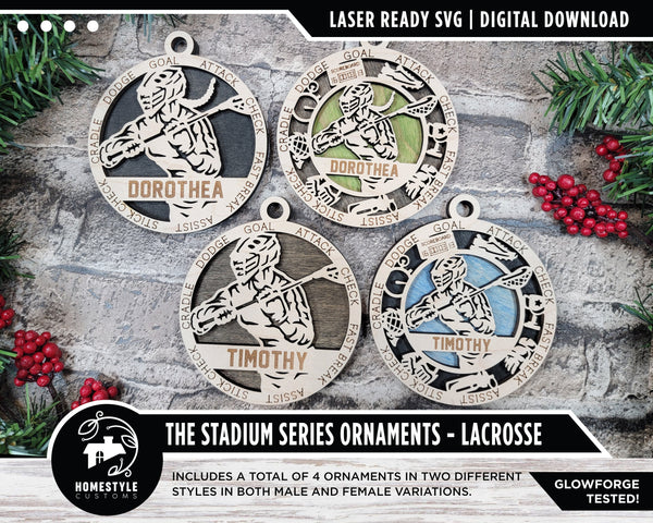 Lacrosse - Stadium Series Ornaments - 4 Unique designs - SVG, PDF, AI File Download - Sized for Glowforge