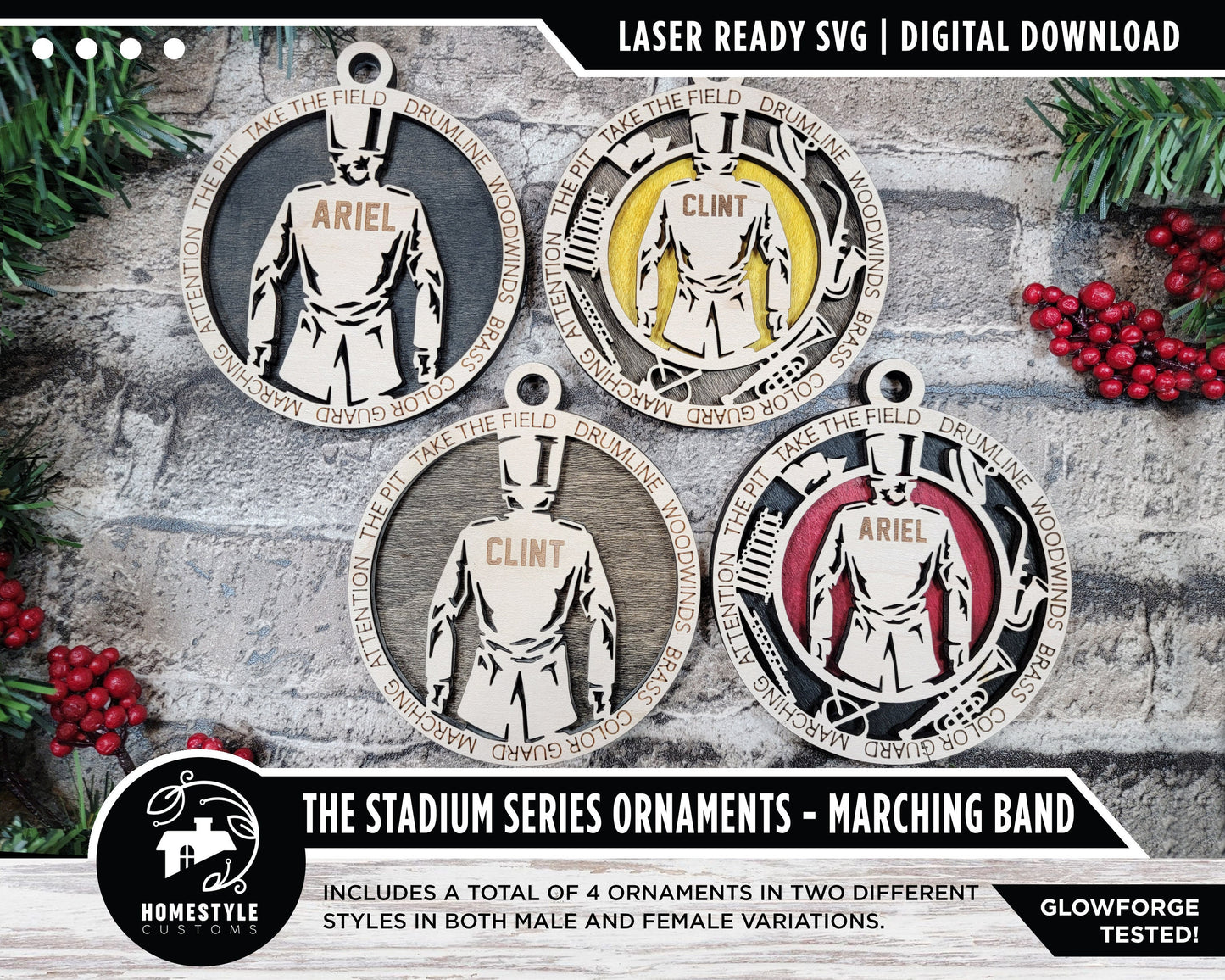 Marching Band - Stadium Series Ornaments - 4 Unique designs - SVG, PDF, AI File Download - Sized for Glowforge
