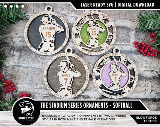 Softball - Stadium Series Ornaments - 4 Unique designs - SVG, PDF, AI File Download - Sized for Glowforge