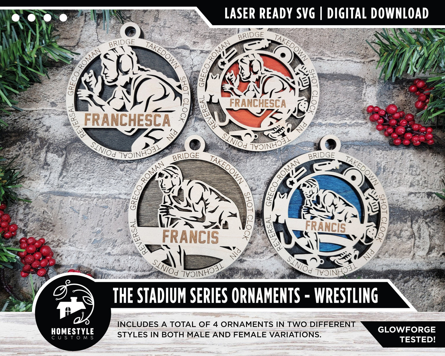 Wrestling - Stadium Series Ornaments - 4 Unique designs - SVG, PDF, AI File Download - Sized for Glowforge
