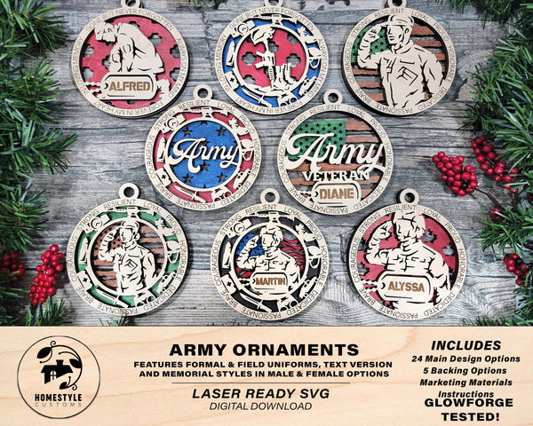 Army Ornament Bundle - 24 Unique designs - SVG, PDF, AI File Download - Sized for Glowforge