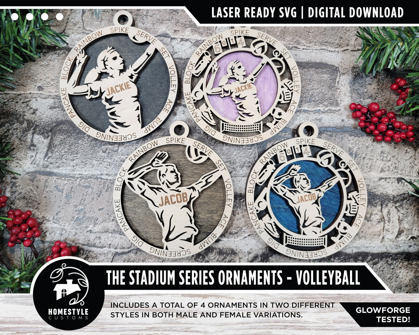 Volleyball - Stadium Series Ornaments - 4 Unique designs - SVG, PDF, AI File Download - Sized for Glowforge