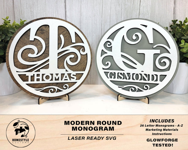 Modern Round Monogram - SVG File Download - Sized for Glowforge - Customizable Monogram