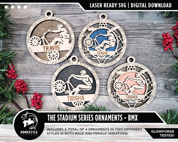 BMXRider - Stadium Series Ornaments - 4 Unique designs - SVG, PDF, AI File Download - Sized for Glowforge