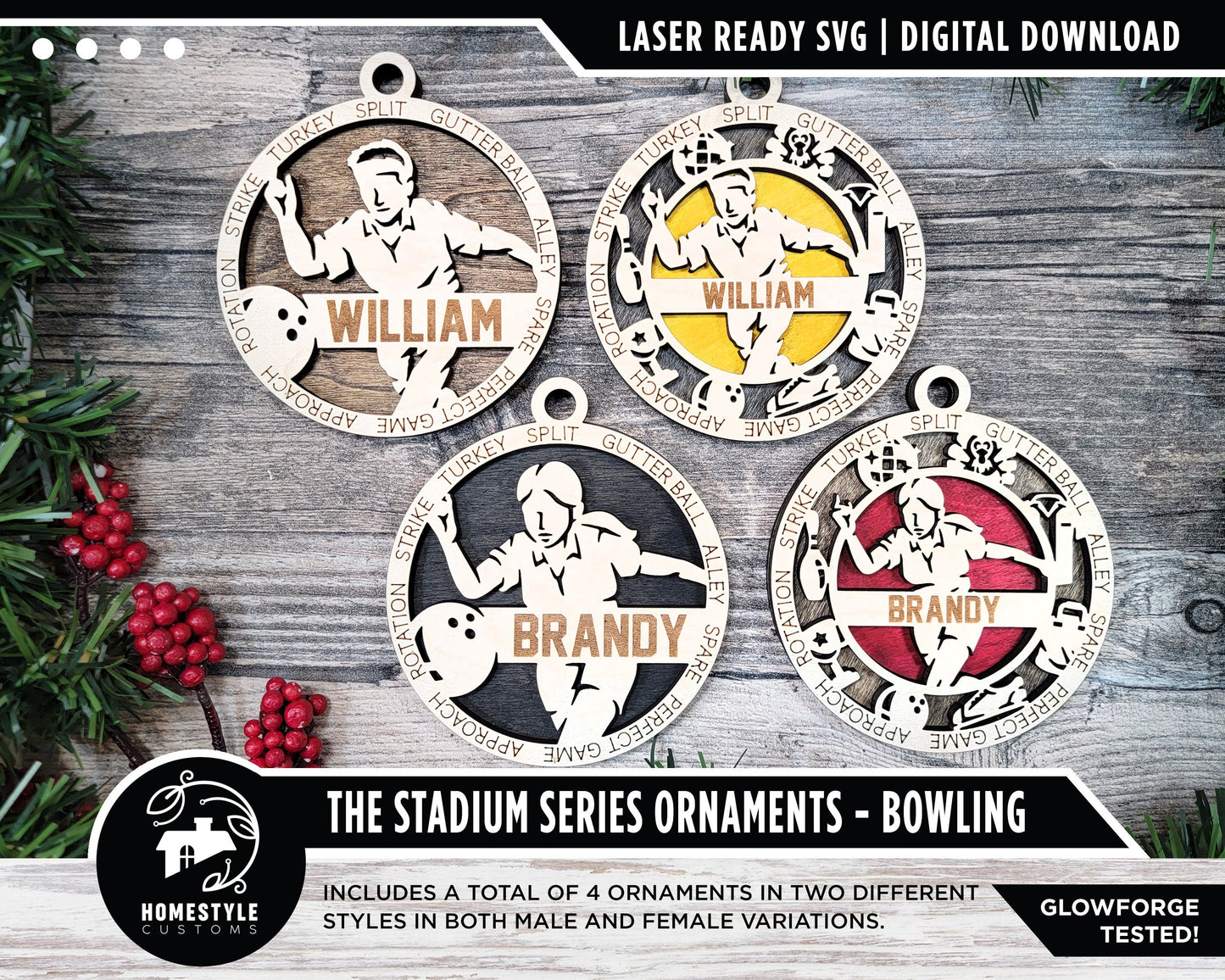 Bowling - Stadium Series Ornaments - 4 Unique designs - SVG, PDF, AI File Download - Sized for Glowforge