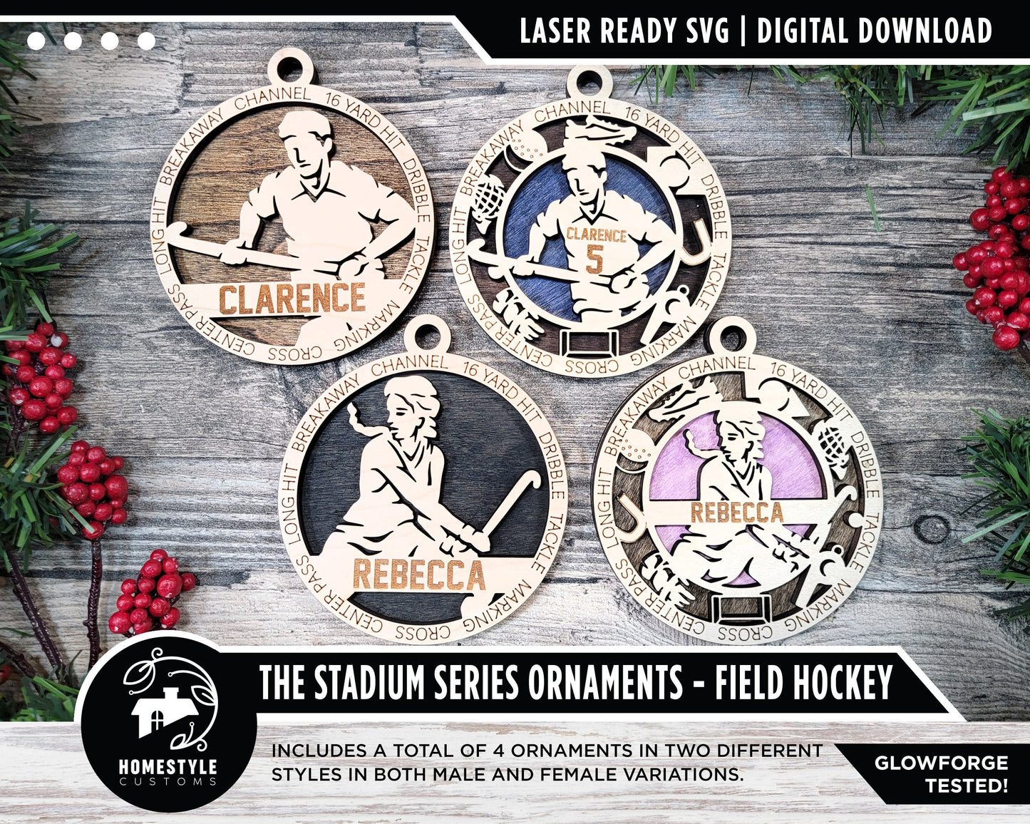 Field Hockey - Stadium Series Ornaments - 4 Unique designs - SVG, PDF, AI File Download - Sized for Glowforge