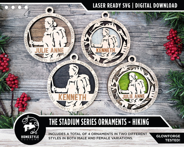 Hiking - Stadium Series Ornaments - 4 Unique designs - SVG, PDF, AI File Download - Sized for Glowforge